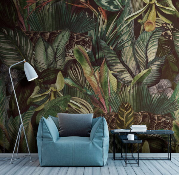 Leopard hidden in lush jungle foliage Wall murals Leopard hidden in lush jungle foliage