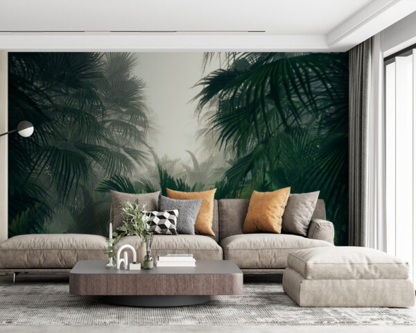 Wall murals Group of palm trees in a foggy forest Wall murals Group of palm trees in a foggy forest