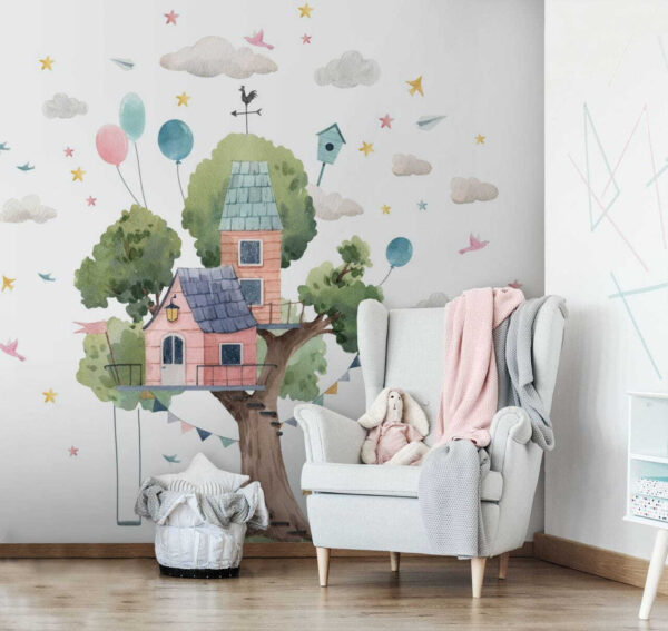 Wall murals Watercolor painting of a tree house Wall murals Watercolor painting of a tree house