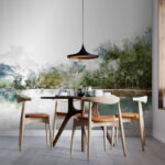 Wall murals Watercolor of a lake with trees and mountains in the background