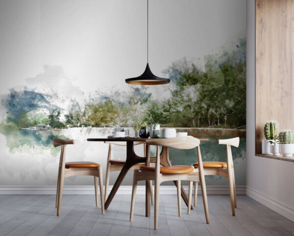 Wall murals Watercolor of a lake with trees and mountains in the background Wall murals Watercolor of a lake with trees and mountains in the background