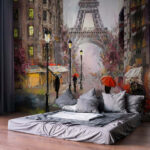 Wall murals Painting of people walking in the rain with umbrellas