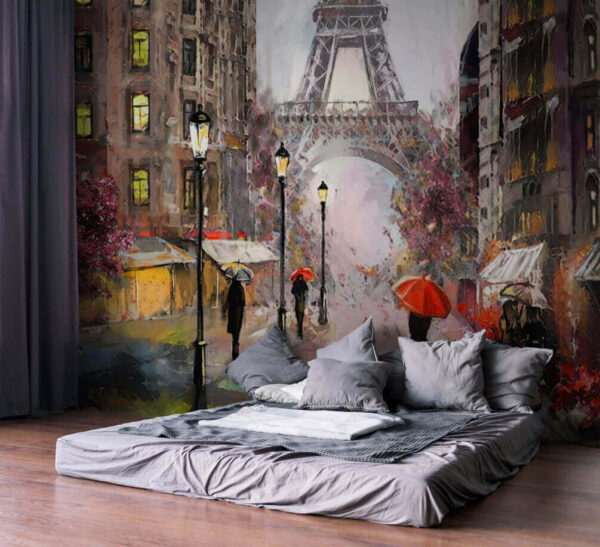 Wall murals Painting of people walking in the rain with umbrellas Wall murals Painting of people walking in the rain with umbrellas