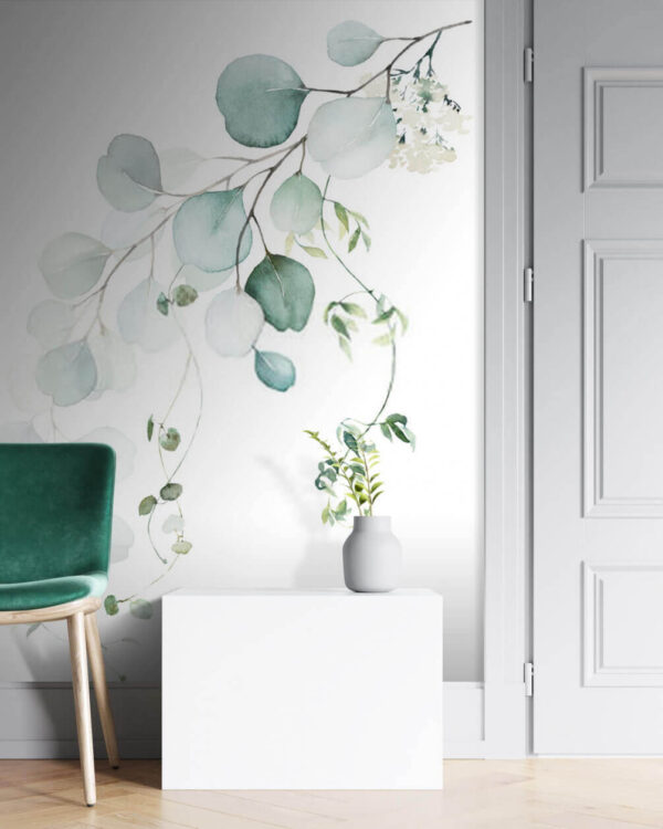 Delicate watercolor greenery on white Wall murals Delicate watercolor greenery on white
