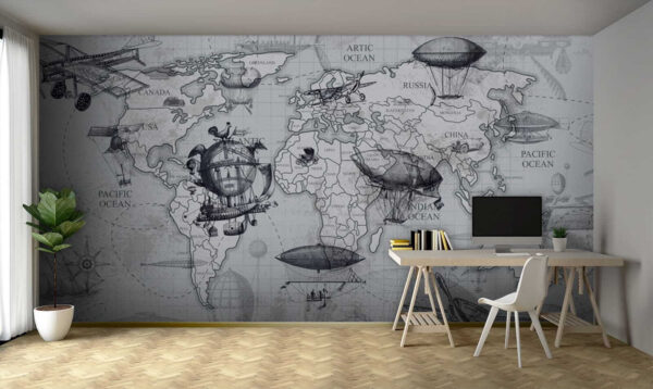 Wall murals Map of the world with different types of air balloons Wall murals Map of the world with different types of air balloons