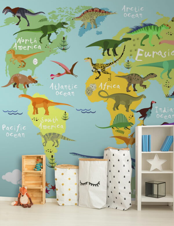 Wall murals Map of dinosaurs with white text Wall murals Map of dinosaurs with white text