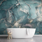 Wall murals Abstract teal and white fluid art.