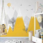 Wall murals Yellow mountains with trees and birds