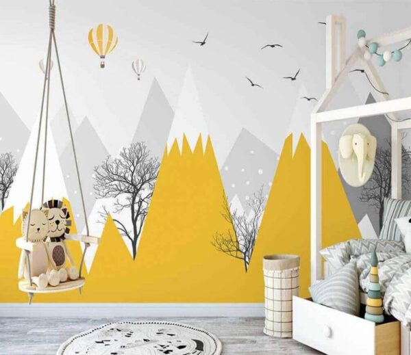 Wall murals Yellow mountains with trees and birds Wall murals Yellow mountains with trees and birds