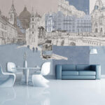 Wall murals Europe's iconic architecture in sketches.