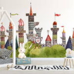 Wall murals Knight guarding whimsical medieval castle.