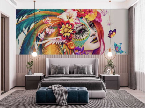 Colorful feathers and vibrant flowers burst Wall murals Colorful feathers and vibrant flowers burst