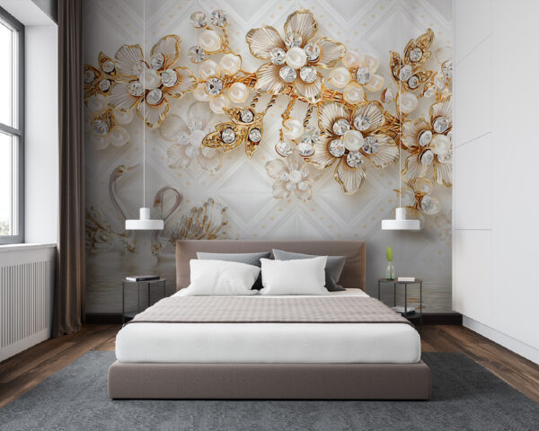 Wall murals Wallpaper with swans and flowers Wall murals Wallpaper with swans and flowers