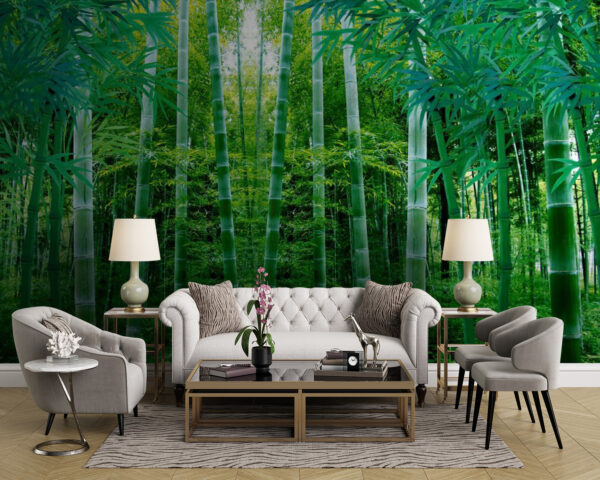 Serene bamboo forest, lush green setting Wall murals Serene bamboo forest, lush green setting