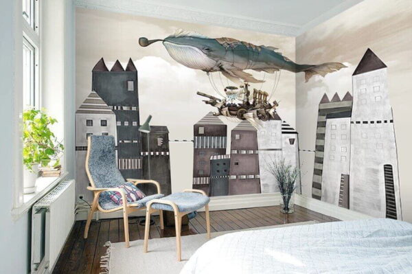 Wall murals Whale flying over a city Wall murals Whale flying over a city