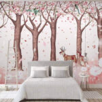 Wall murals Group of trees with flowers and birds