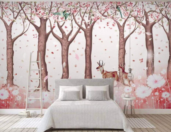 Wall murals Group of trees with flowers and birds Wall murals Group of trees with flowers and birds