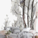 Wall murals Bare trees in a misty forest.