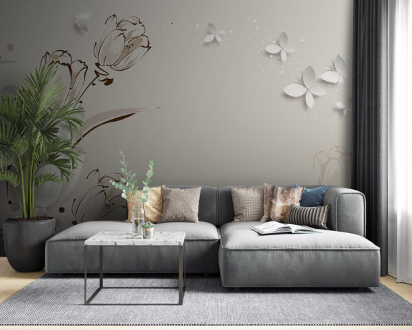 Wall murals White tulips and butterflies Wall murals White tulips and butterflies