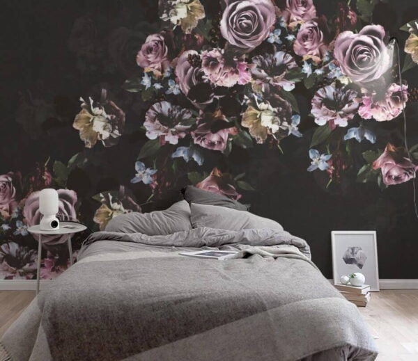Wall murals Group of flowers on a black background Wall murals Group of flowers on a black background