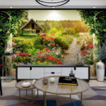 Wall murals Garden with flowers and a house
