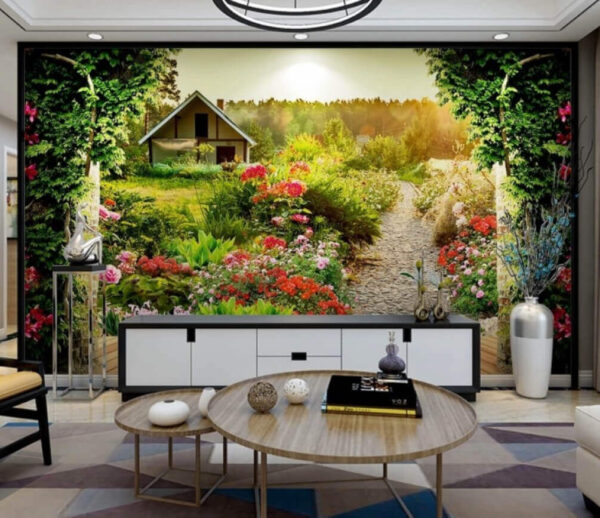 Wall murals Garden with flowers and a house Wall murals Garden with flowers and a house