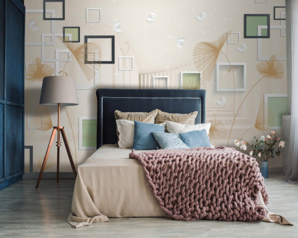 Wall murals Wallpaper with white and brown flowers and butterflies Wall murals Wallpaper with white and brown flowers and butterflies