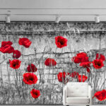 Wall murals Red poppies against a textured wall.
