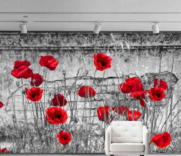 Red poppies against a textured wall Wall murals Red poppies against a textured wall