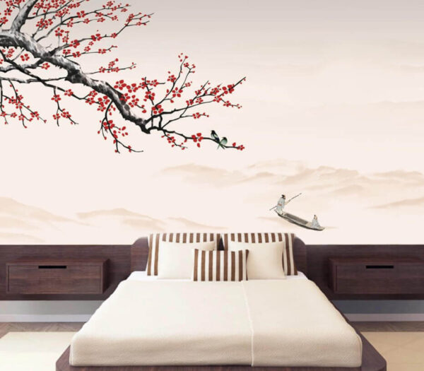 Tree branch with red flowers Wall murals Tree branch with red flowers