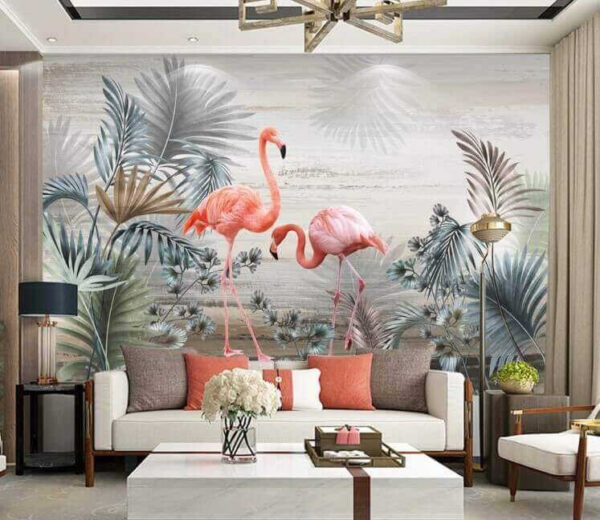Flamingos among tropical foliage Wall murals Flamingos among tropical foliage