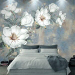 Wall murals White flowers on blue textured background.