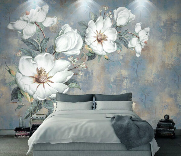 Wall murals Wall murals White flowers on blue textured background (SKU: u38839)