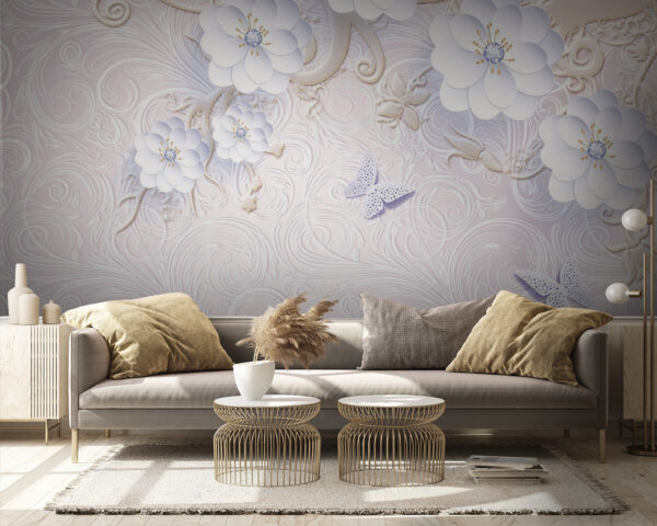 Wall murals Wallpaper with white flowers and butterflies Wall murals Wallpaper with white flowers and butterflies