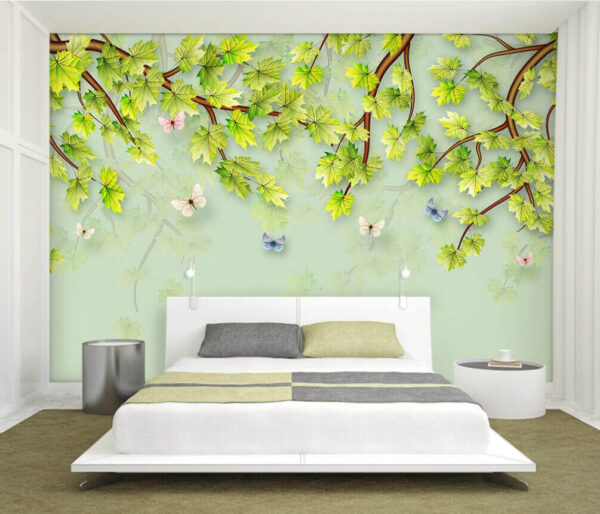 Wall murals Green leaves and butterflies on a white background Wall murals Green leaves and butterflies on a white background