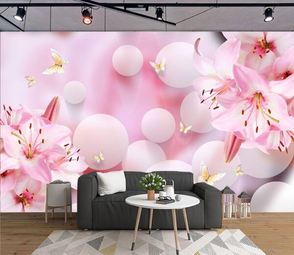 Wall murals Pink flowers and butterflies Wall murals Pink flowers and butterflies