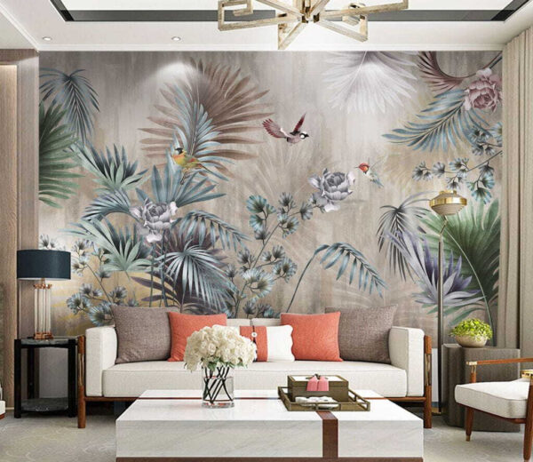 Birds flutter among tropical foliage Wall murals Birds flutter among tropical foliage
