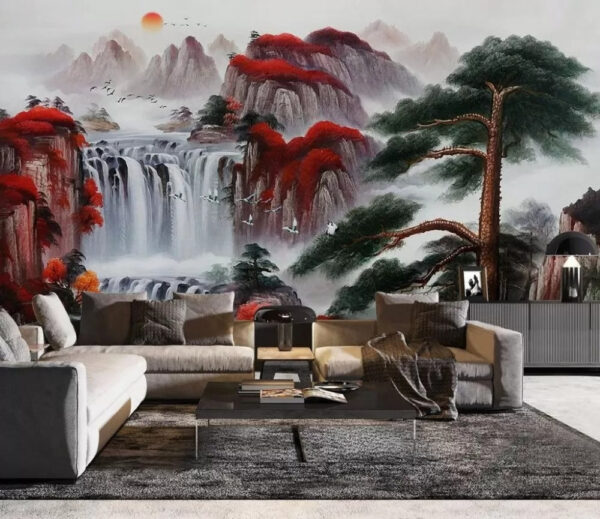 Painting of a waterfall and birds Wall murals Painting of a waterfall and birds