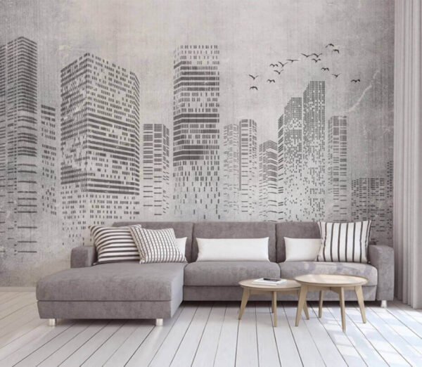 Cityscape sketched against cloudy backdrop Wall murals Cityscape sketched against cloudy backdrop