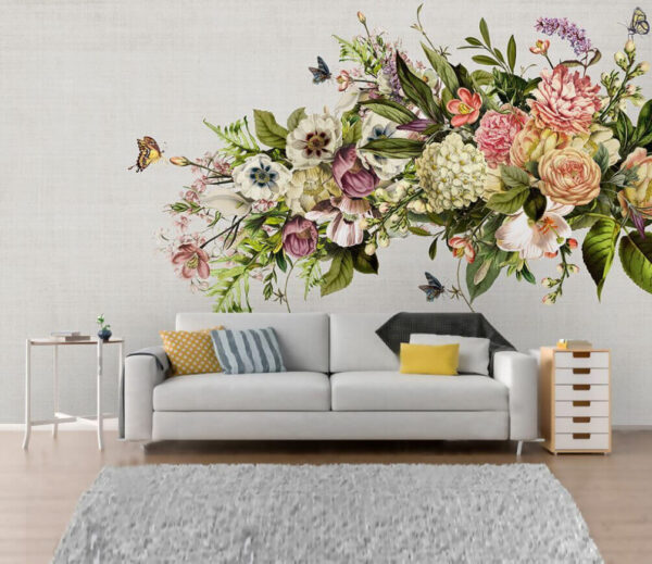Wall murals Butterfly flying over a bouquet of flowers Wall murals Butterfly flying over a bouquet of flowers