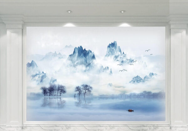 Wall murals Landscape of a lake with trees and mountains in the background Wall murals Landscape of a lake with trees and mountains in the background