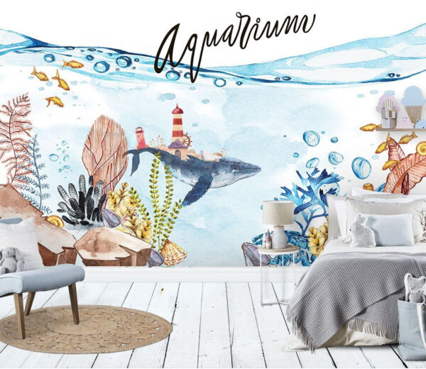 Wall murals Watercolor of a whale and a lighthouse Wall murals Watercolor of a whale and a lighthouse