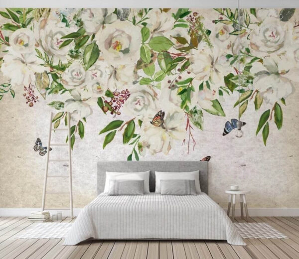 Wall murals Painting of white flowers and butterflies Wall murals Painting of white flowers and butterflies