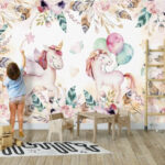Wall murals Watercolor unicorn with balloons