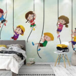 Wall murals Group of kids climbing on ropes