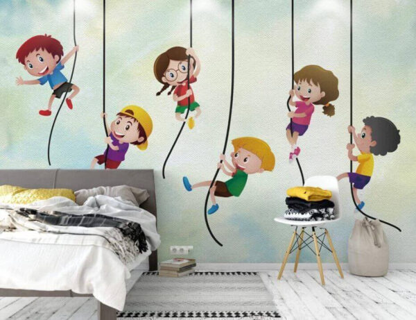 Wall murals Group of kids climbing on ropes Wall murals Group of kids climbing on ropes
