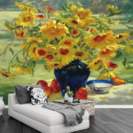 Wall murals Painting of a vase of yellow flowers and fruit