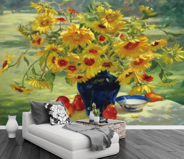 Wall murals Painting of a vase of yellow flowers and fruit Wall murals Painting of a vase of yellow flowers and fruit