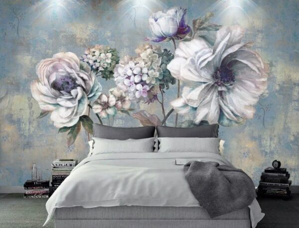 Wall murals Painting of flowers on a blue background Wall murals Painting of flowers on a blue background