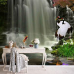 Wall murals Waterfall with birds and fish